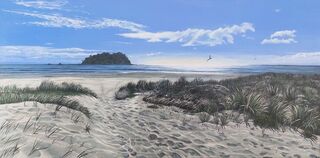 Landscape painting titled RISE & SHINE AT MAUNGANUI- SOLD